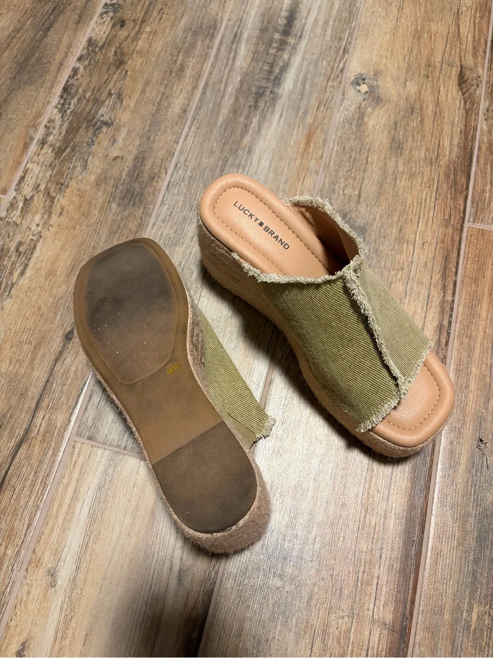 Lucky Brand Olive Green Frayed Canvas Platform Slide Sandals